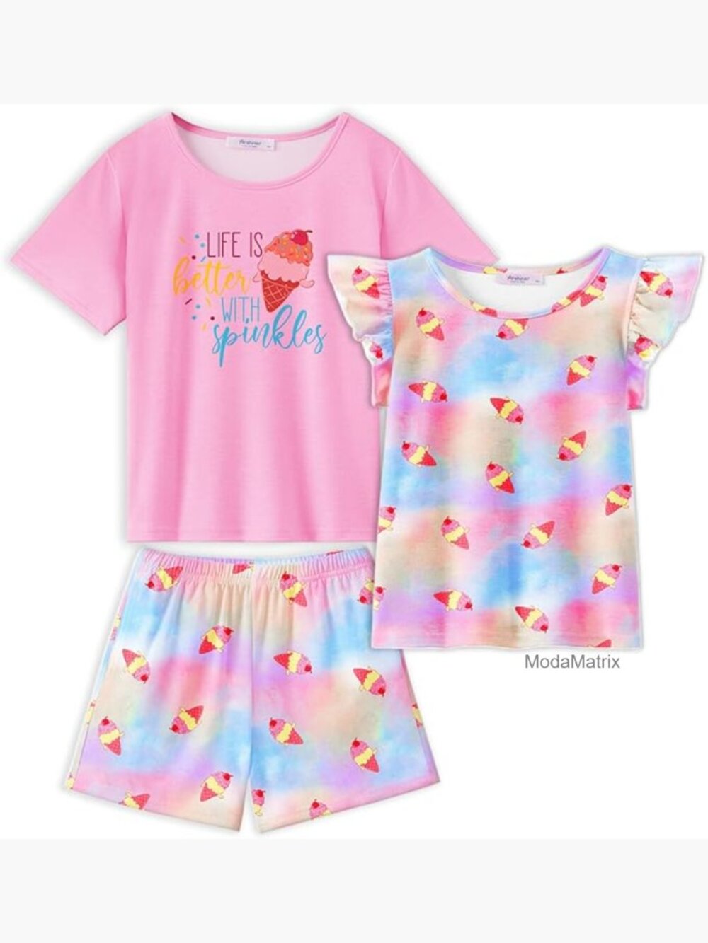 Girls Pajama Set 3PCS Short Sleeve Lounge Sleepwear Nightwear